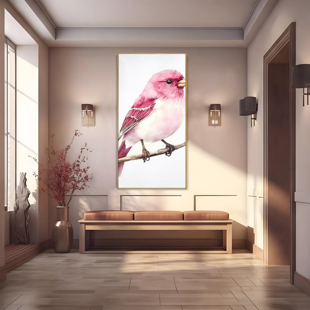 Tablou canvas cu tablou canvas cu pasare roz pe creanga, in rama de aluminiu auriu